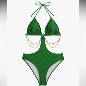 Green One-Piece Swimsuit with Gold Chain Detail